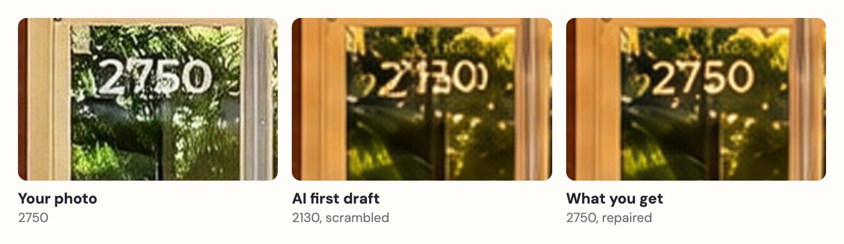 Three close-ups of a glass door: 2750 in the original photo, 2130 in the AI’s first draft, and 2750 again after the repair