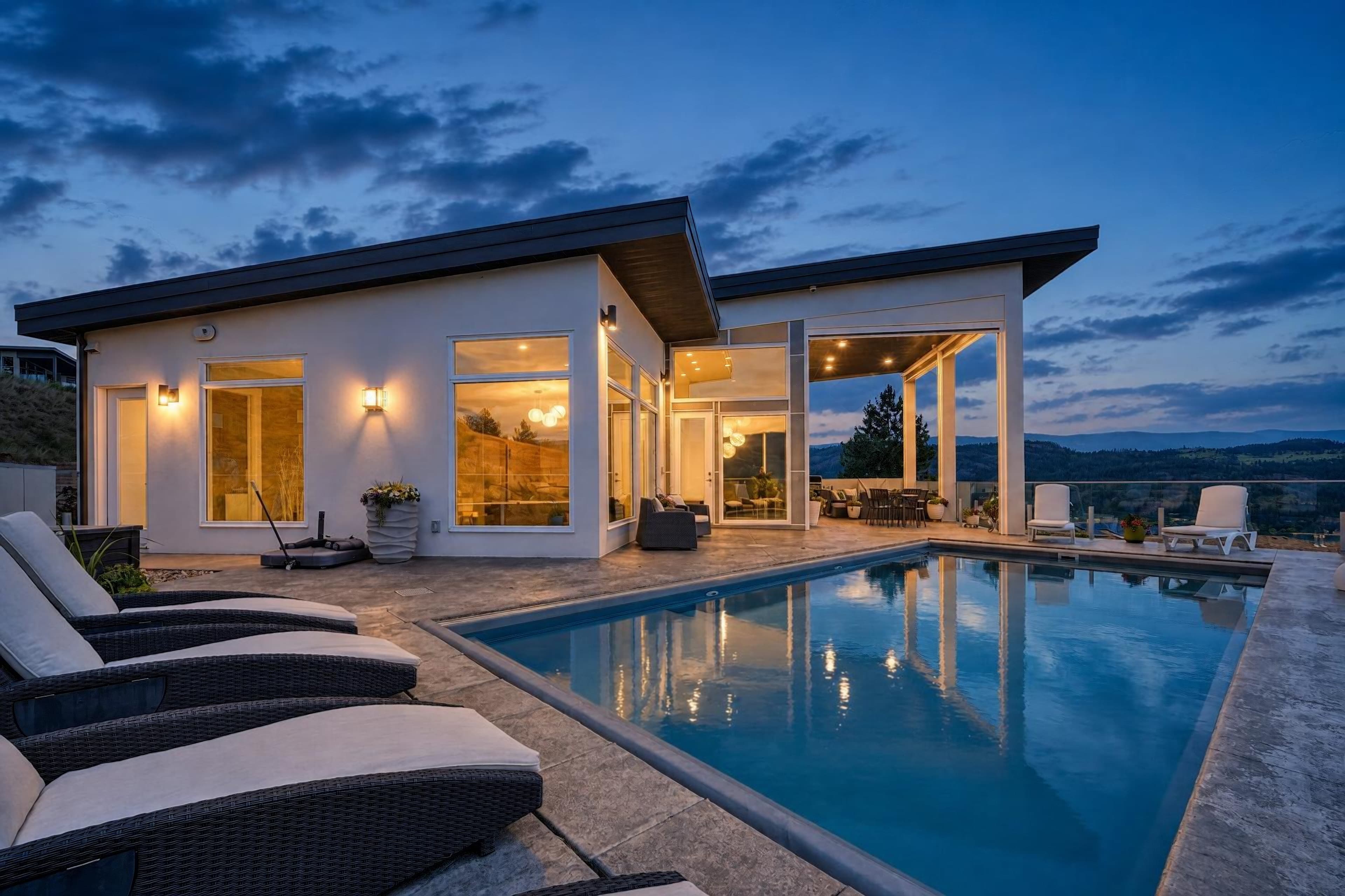Evening Glow virtual twilight poolside home