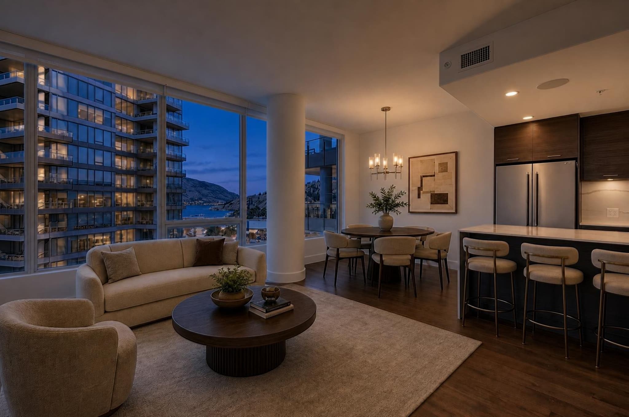 Furnished condo relit in Indigo Hour with evening light outside the windows