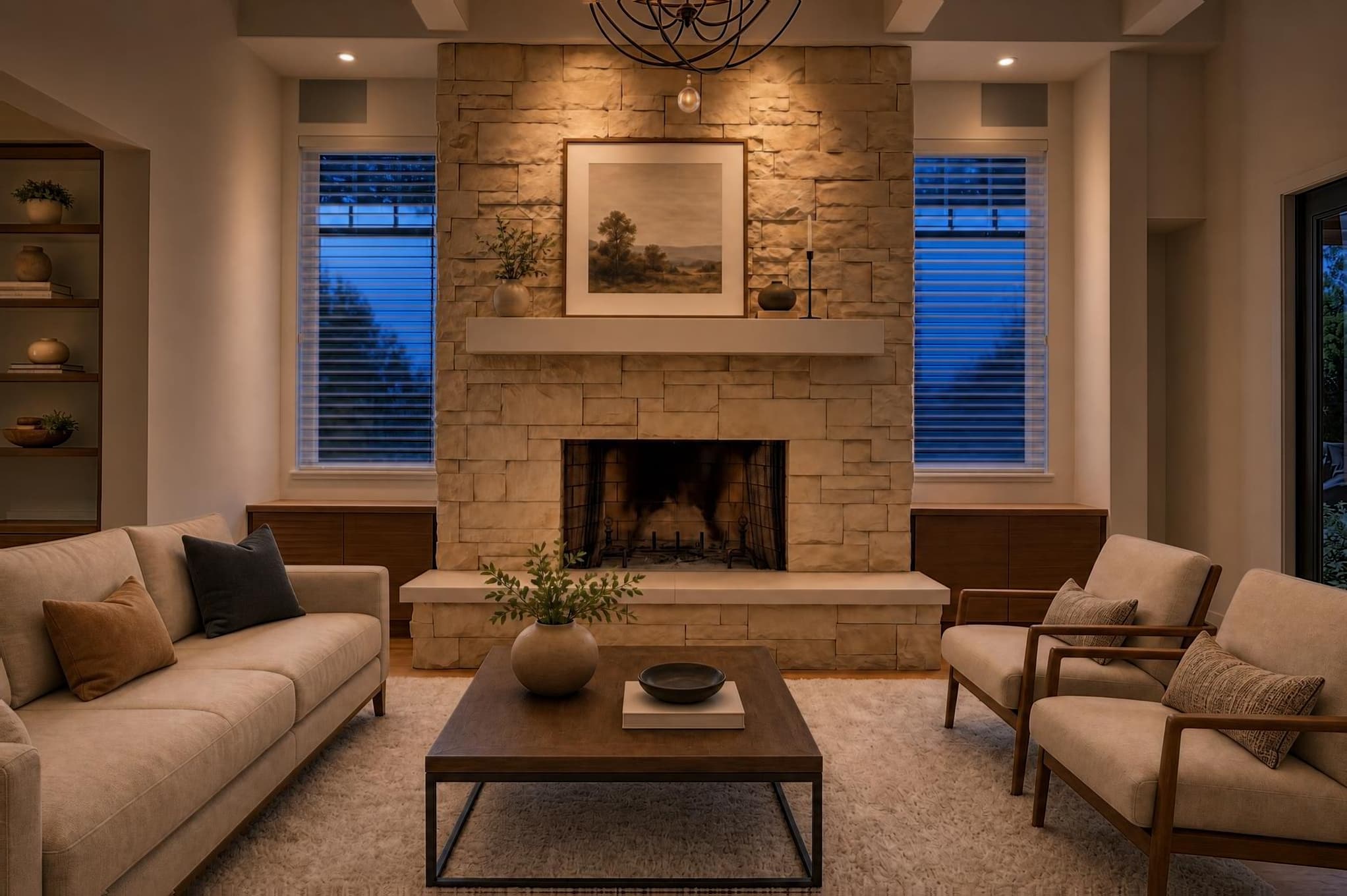 Furnished living room relit in the Evening Glow style