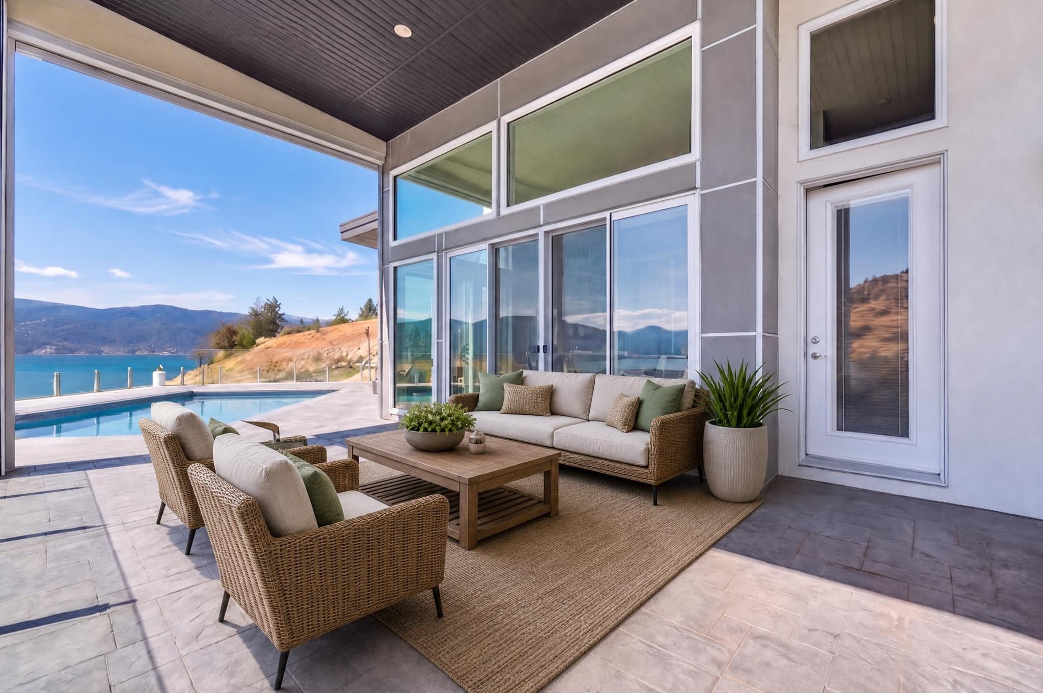 Furnished poolside patio in daylight before relighting
