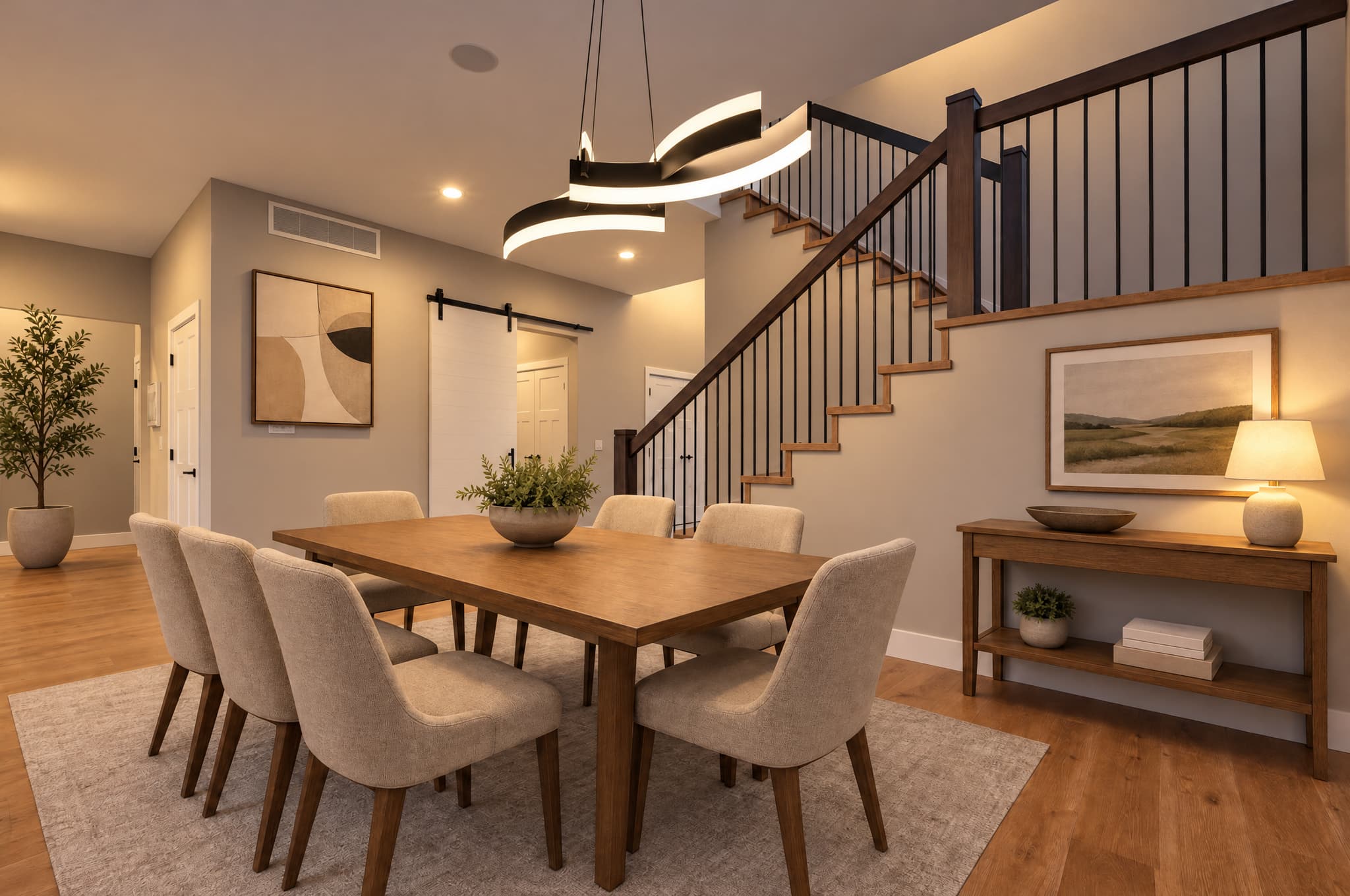 A dining room relit in Classic Twilight with staircase rails and warm interior light