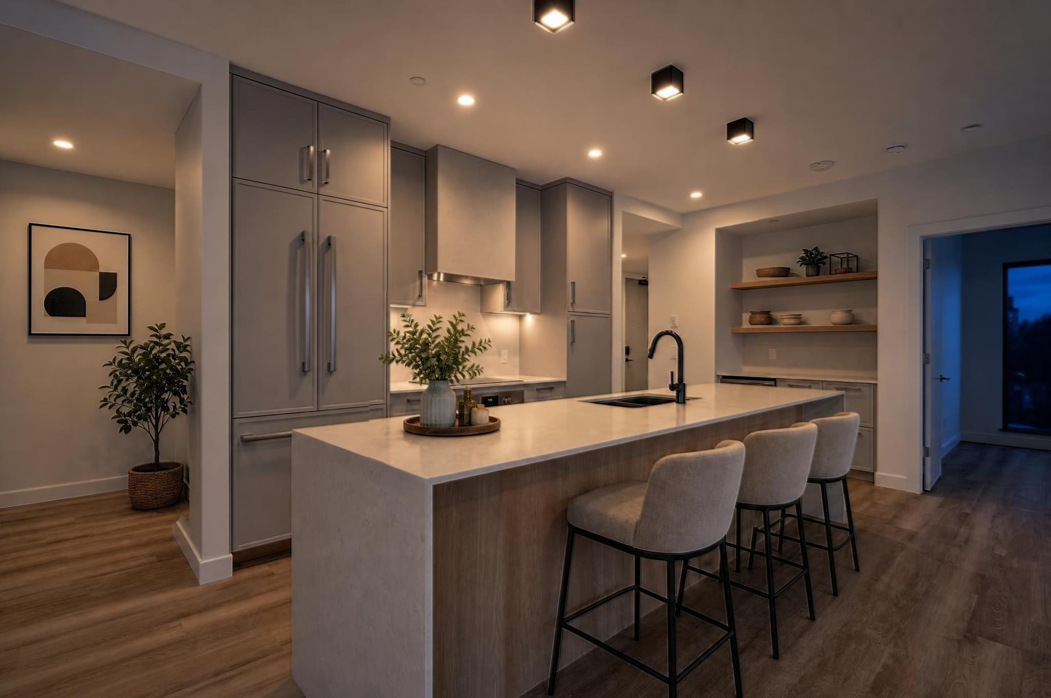 A kitchen relit in Indigo Hour with straight cabinetry and warm practical lights