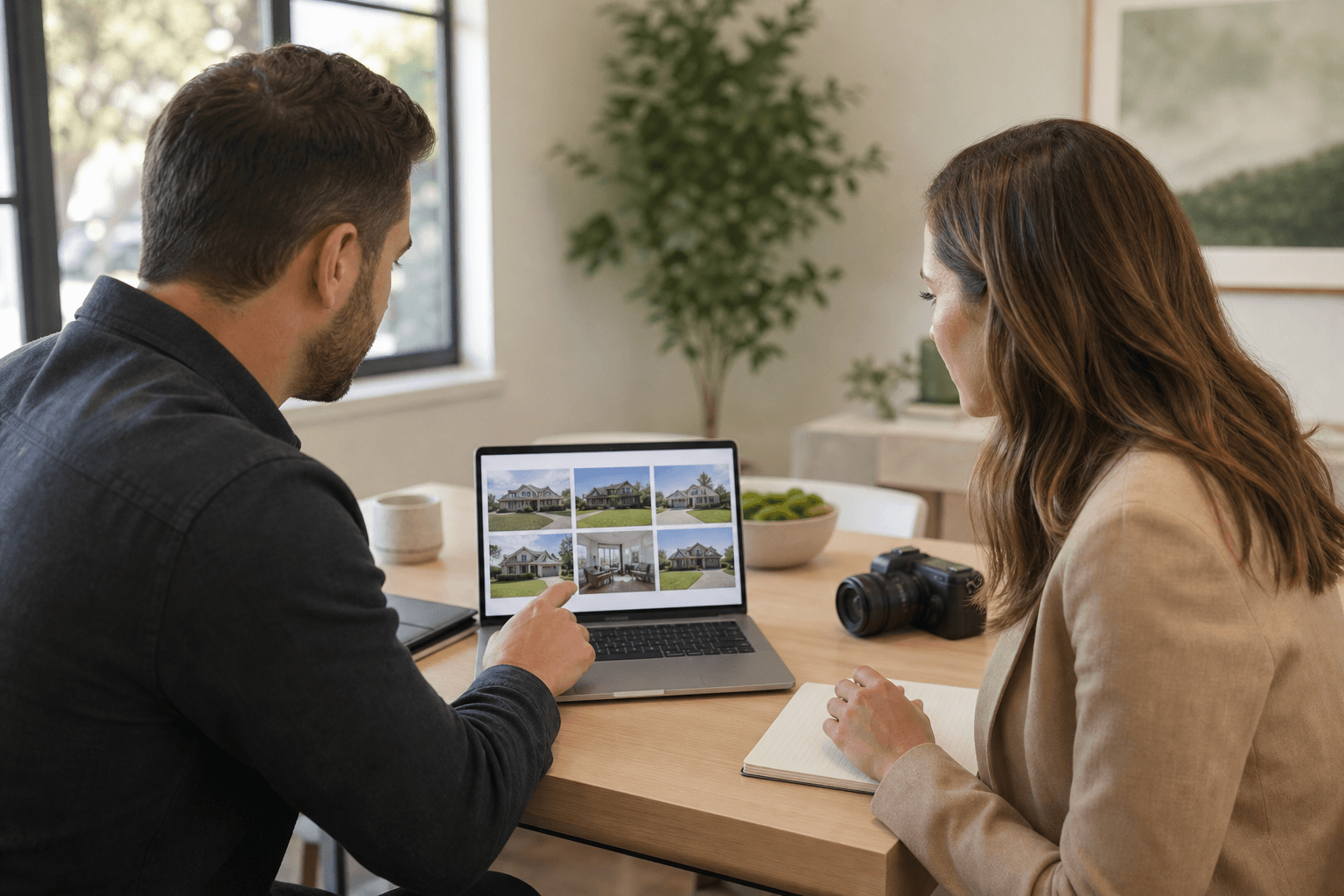Agent and photographer reviewing listing photographs together