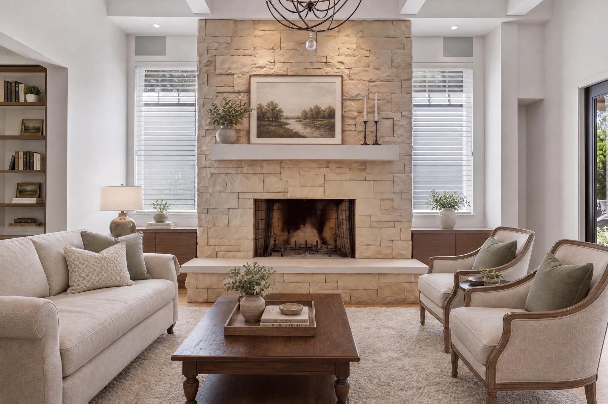 Furnished living room with permanent fireplace, windows, built-ins, and fixtures visible for accuracy review