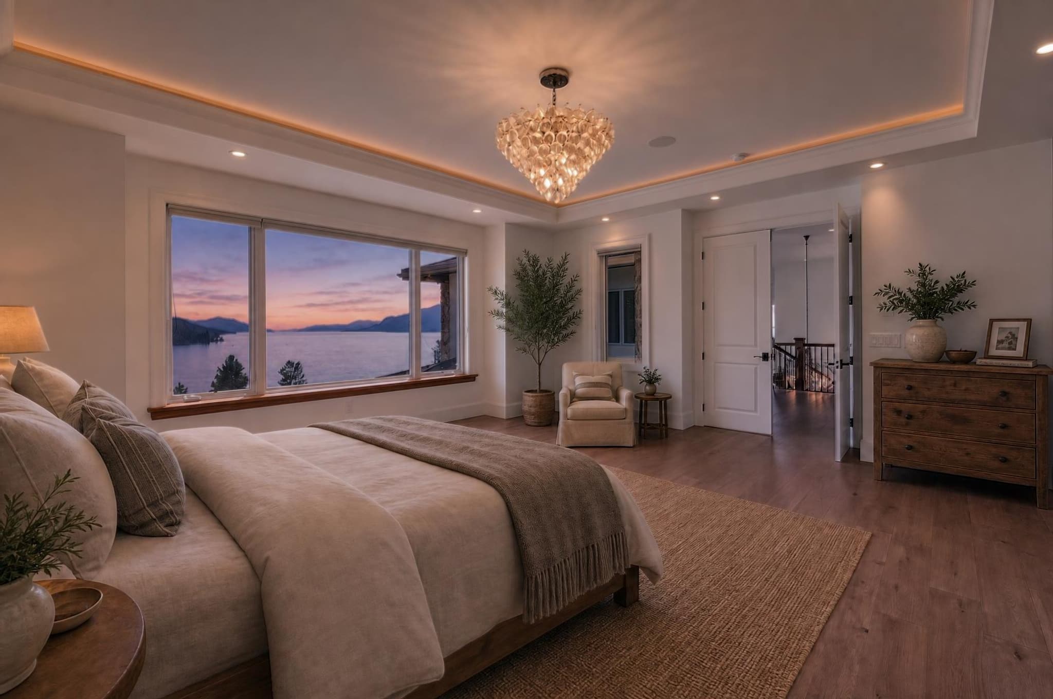 Furnished farmhouse bedroom relit in Quiet Dusk through Relight Spaces