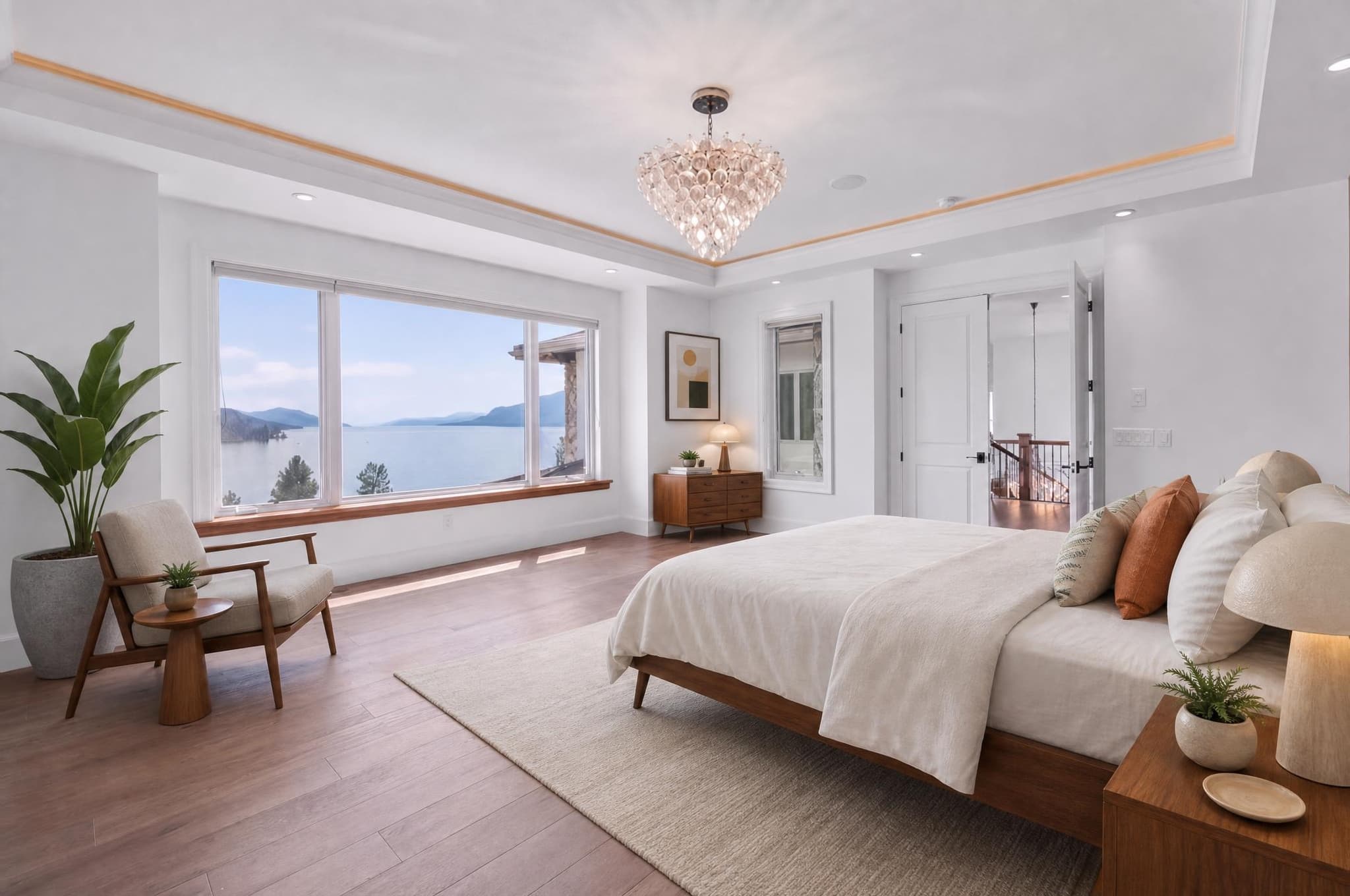 Furnished mid-century modern bedroom used to inspect vertical lines, windows, colour, and texture