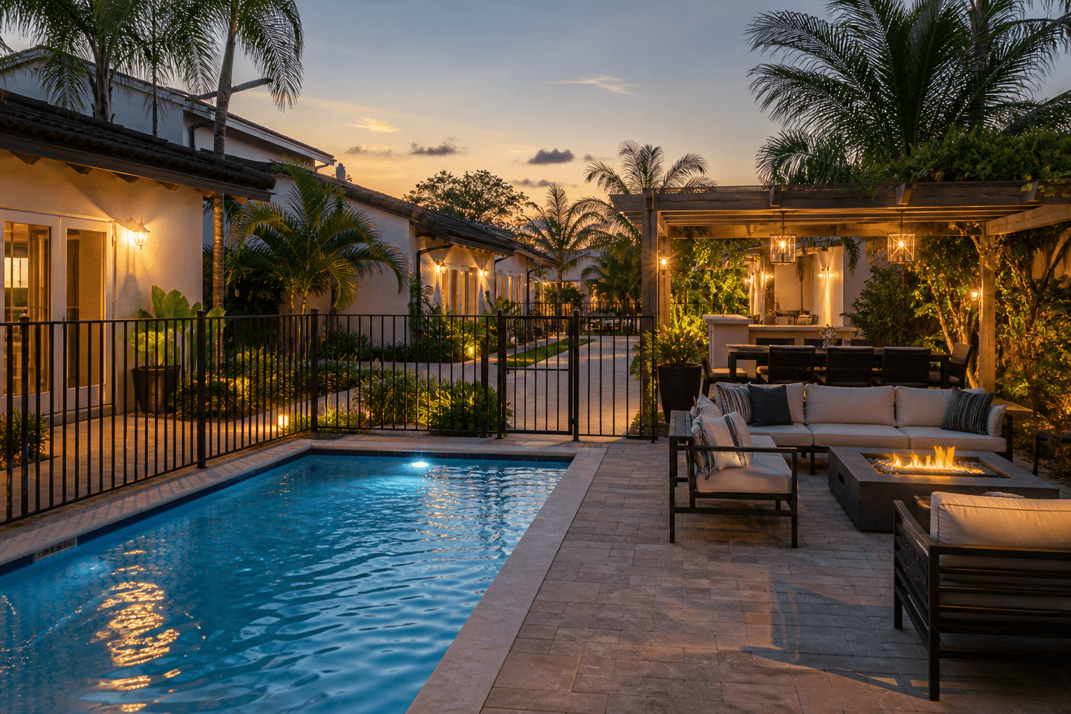 Vacation-rental pool, patio, pergola dining area, and fire table at early dusk