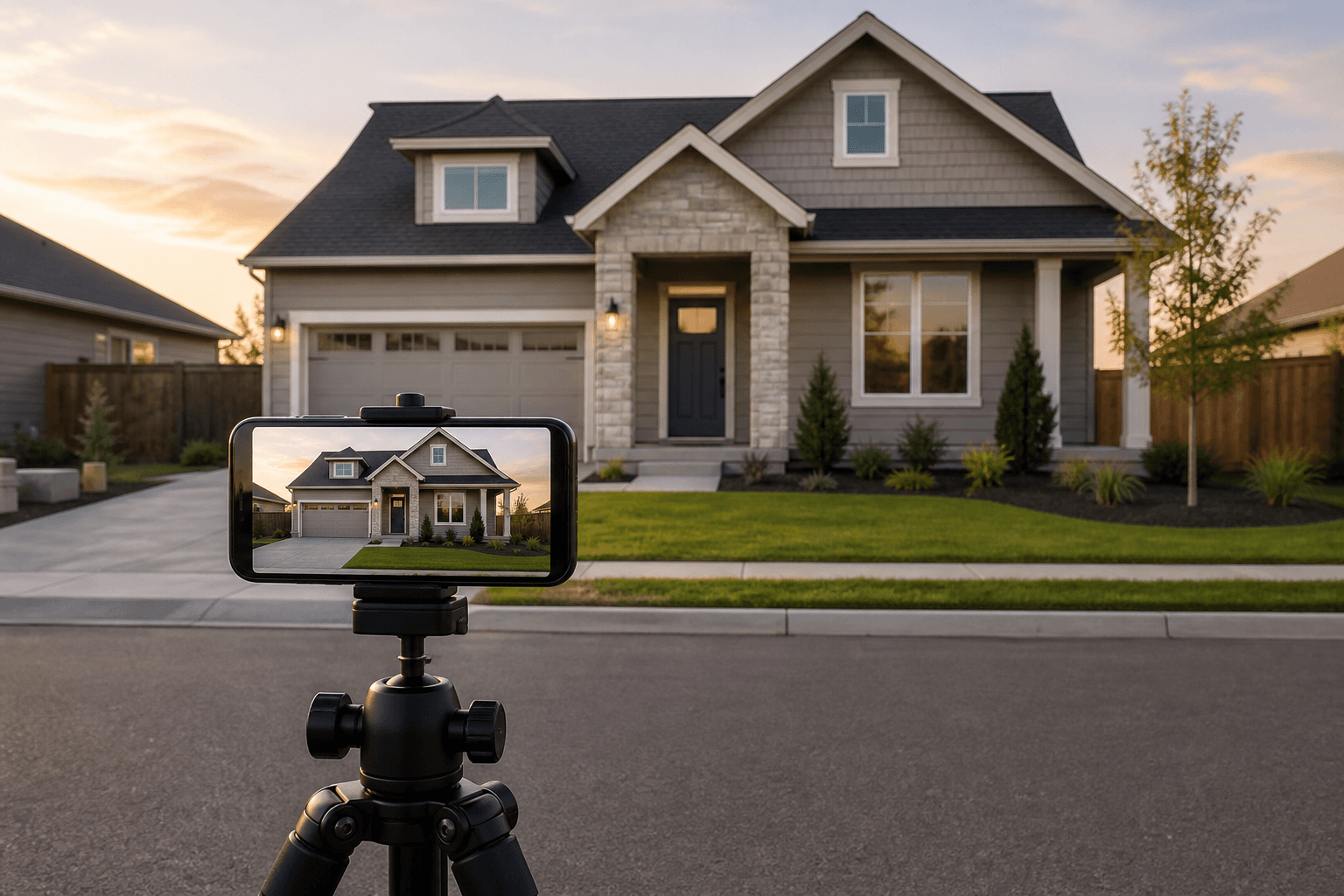 A smartphone on a tripod framing the exterior of a prepared detached home in soft late-day light