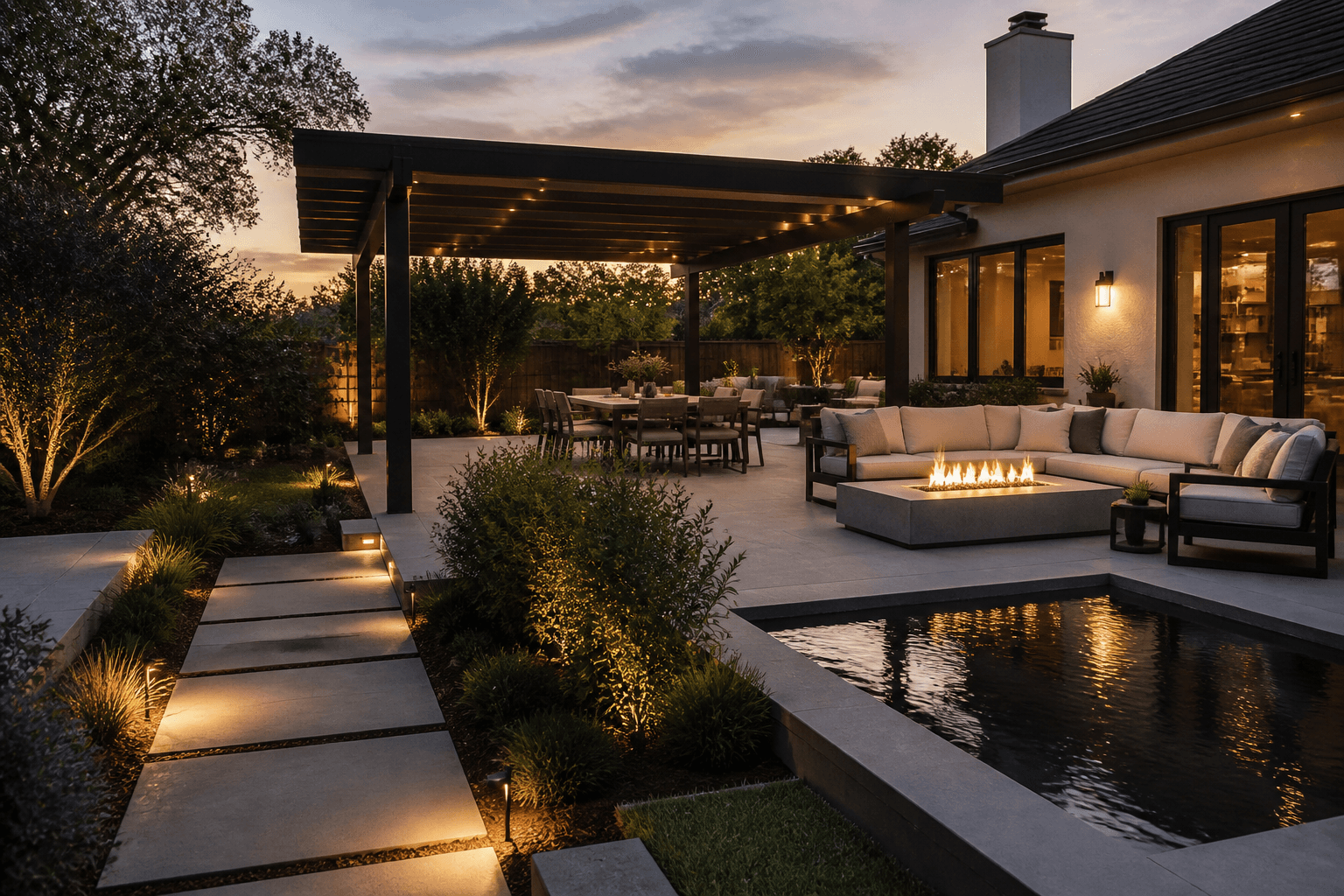 Pergola, fire table, dining terrace, and plunge pool photographed at early dusk
