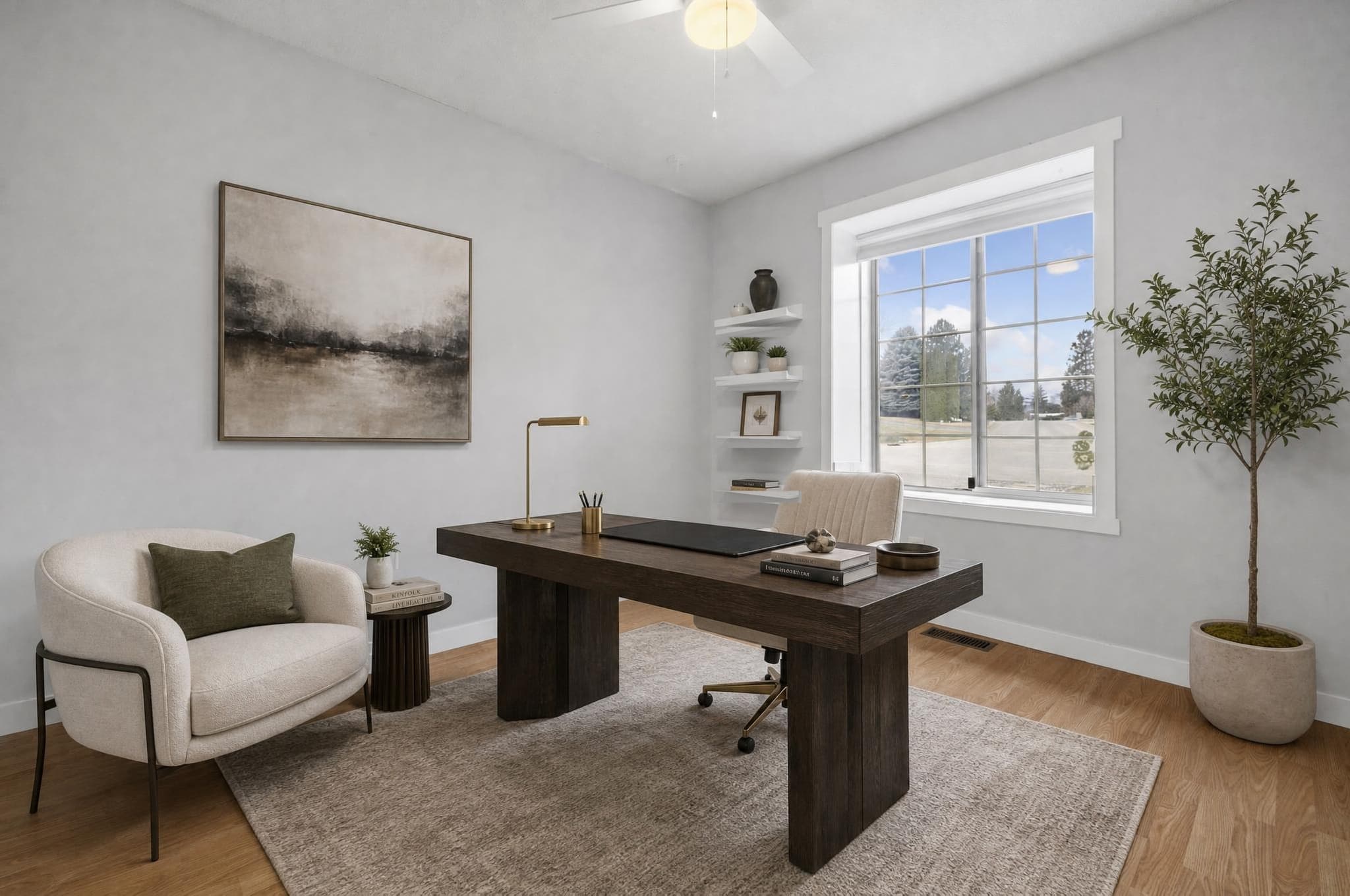 Furnished luxury home office in daylight before relighting