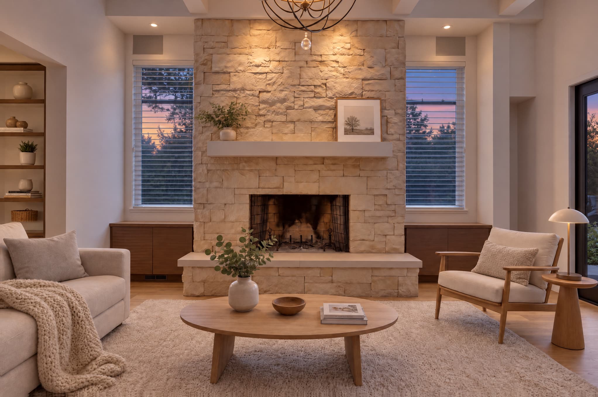 Furnished Scandinavian living room relit in Soft Dusk