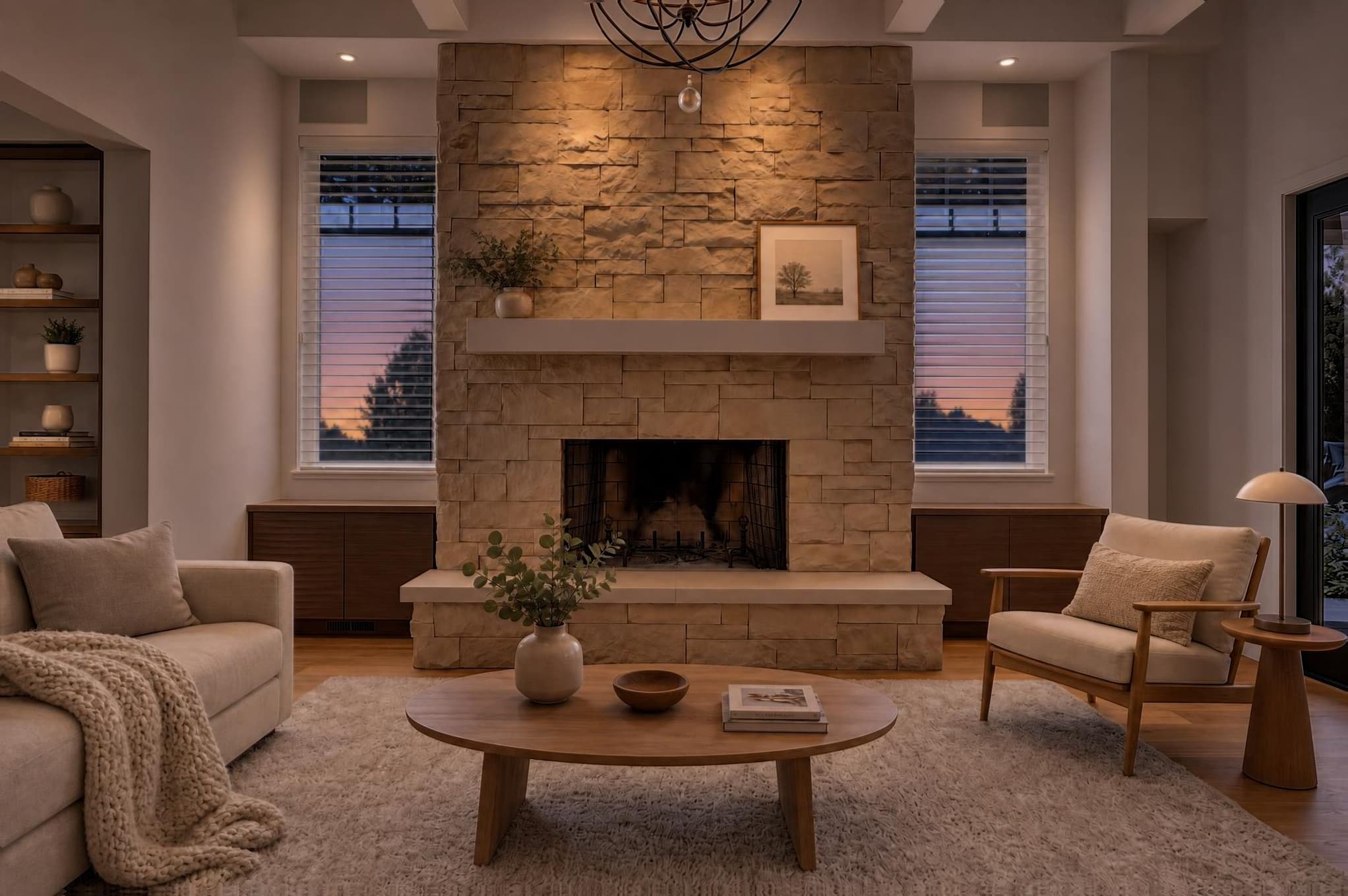 Furnished Scandinavian living room relit in Quiet Dusk