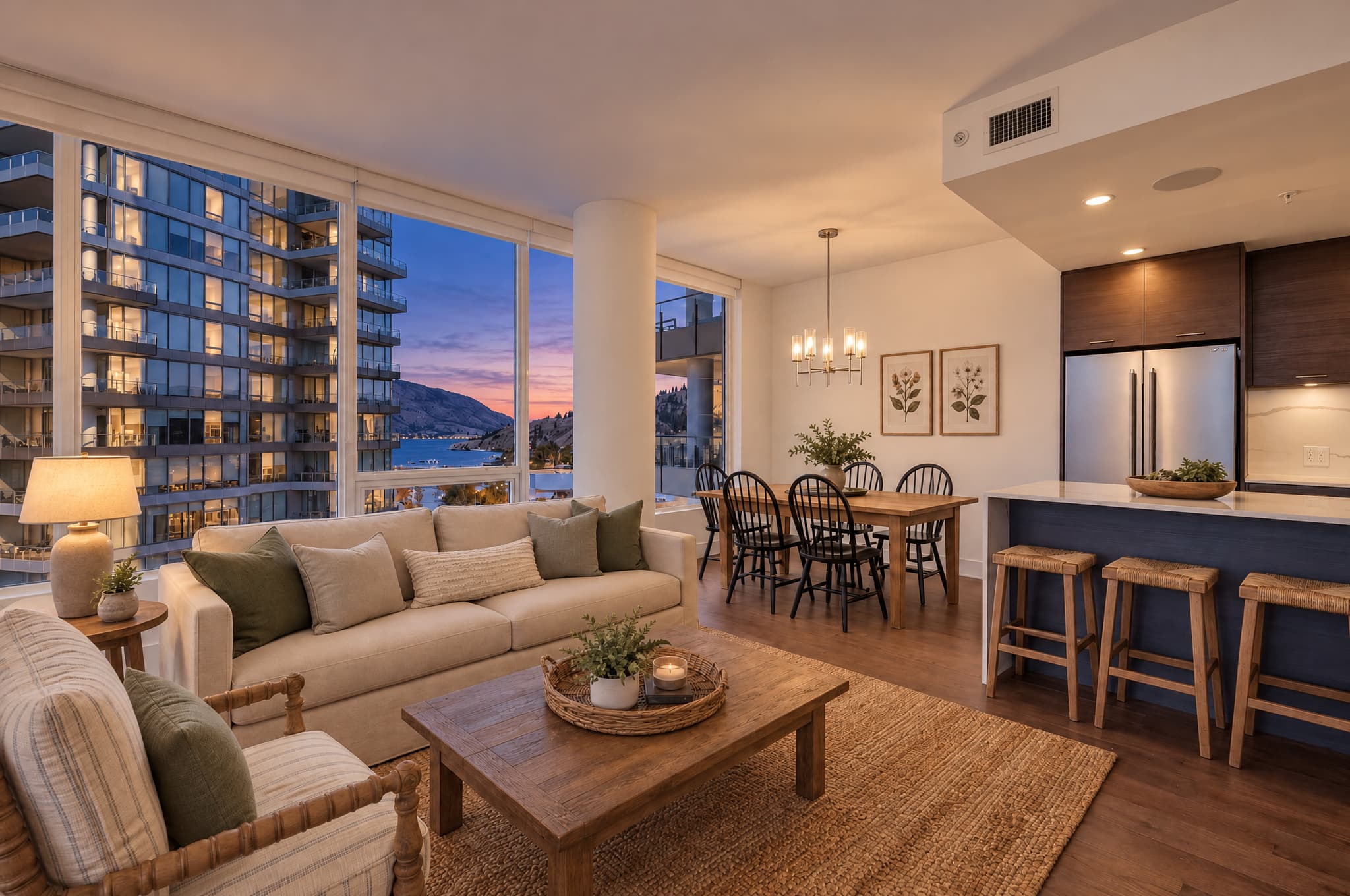 Furnished open living and dining room relit in Classic Twilight