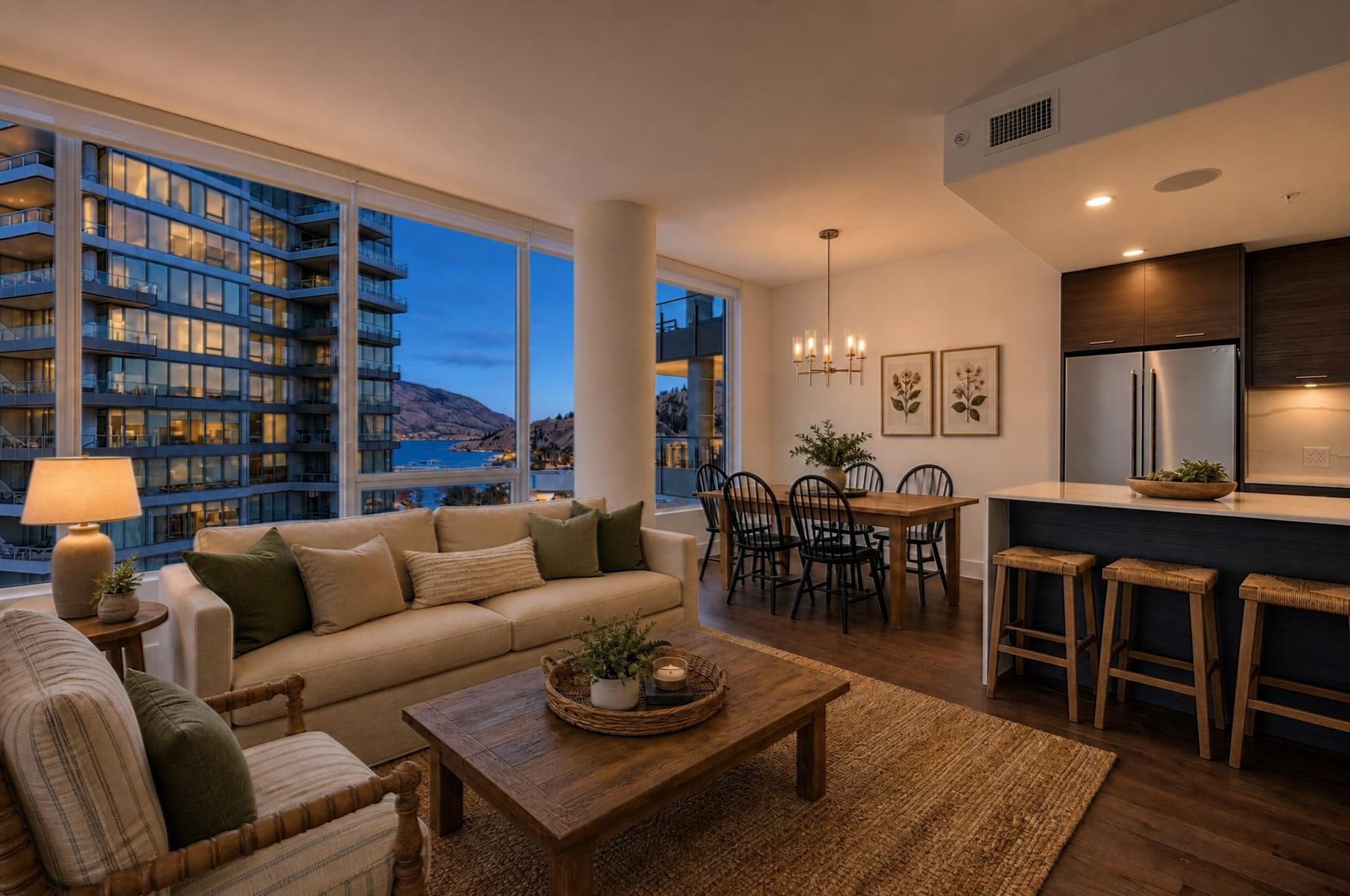 Furnished open living and dining room relit in Evening Glow