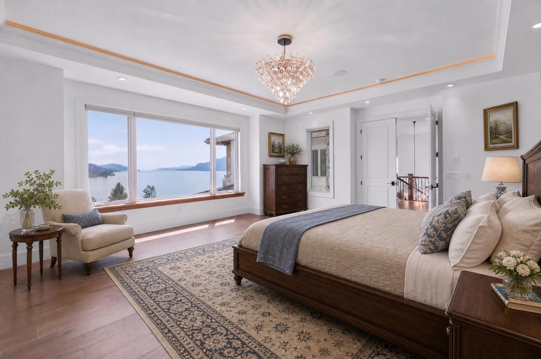 A traditional furnished primary bedroom prepared for listing photography