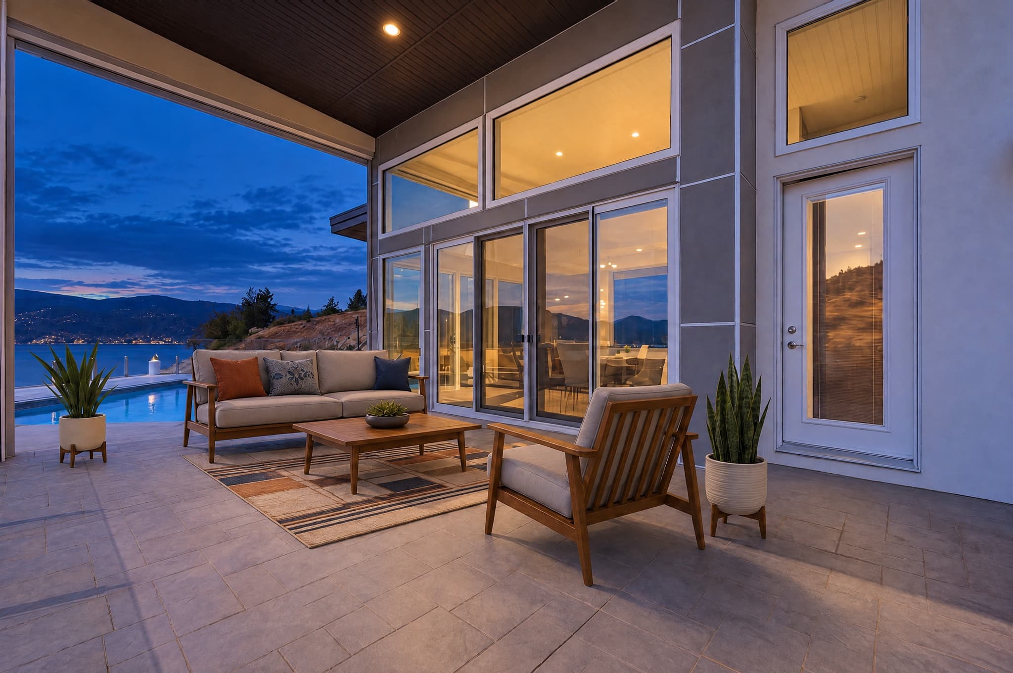 Blue Hour result showing deep blue ambient light and warm existing fixtures
