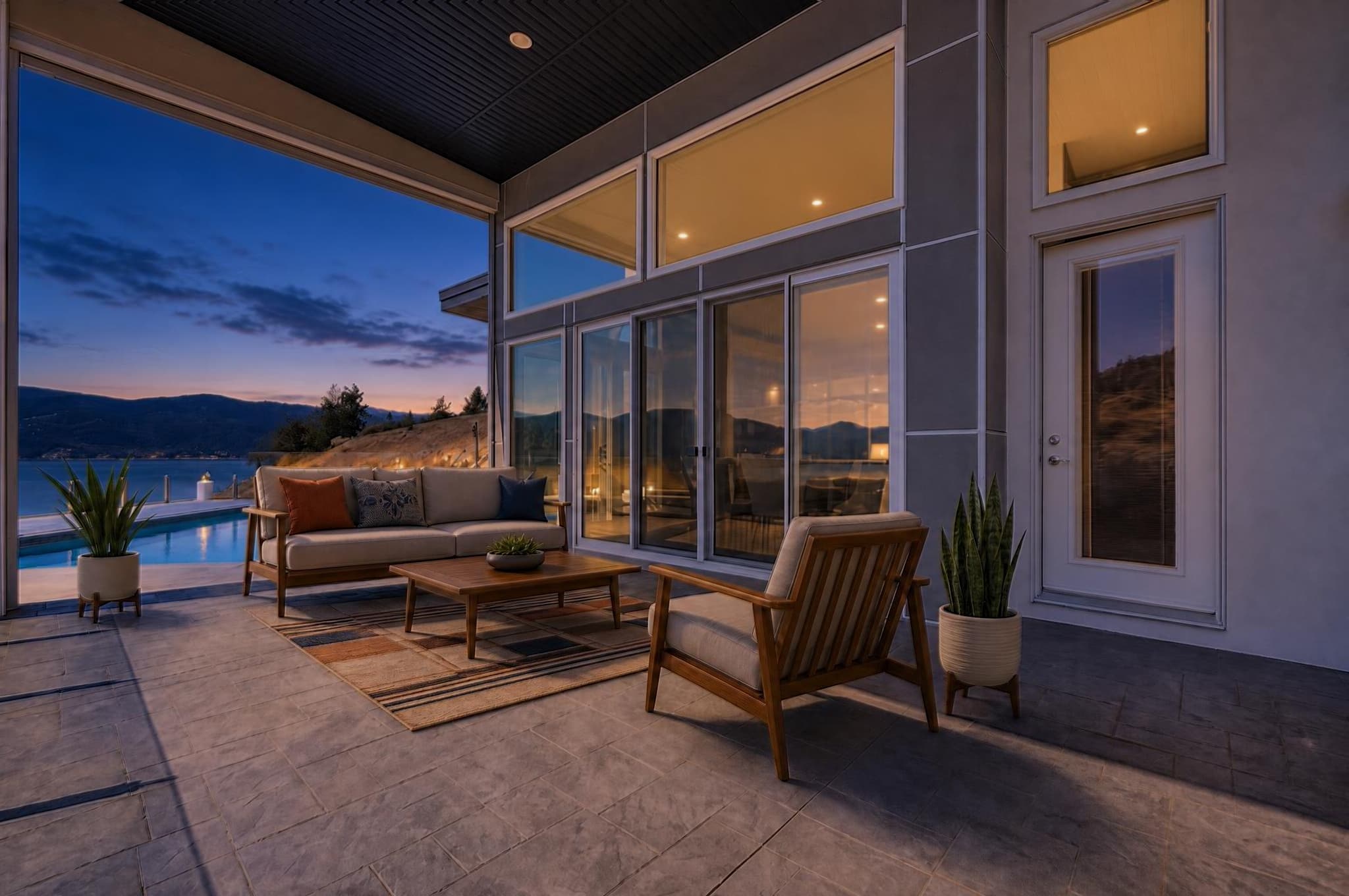 Indigo Hour result showing deep blue ambient light and warm existing fixtures