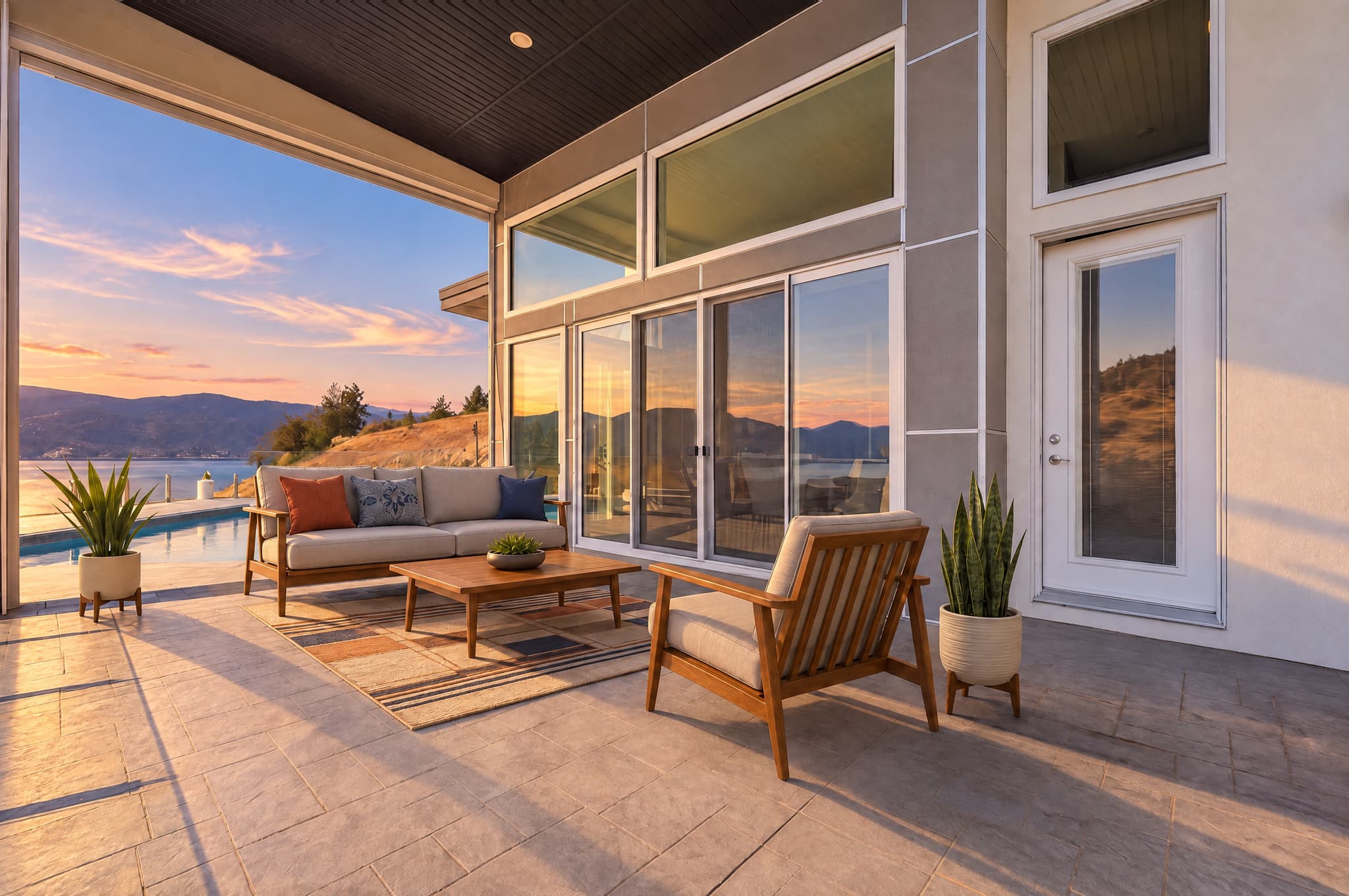 Golden Hour result with bright low golden sunlight and long patio shadows