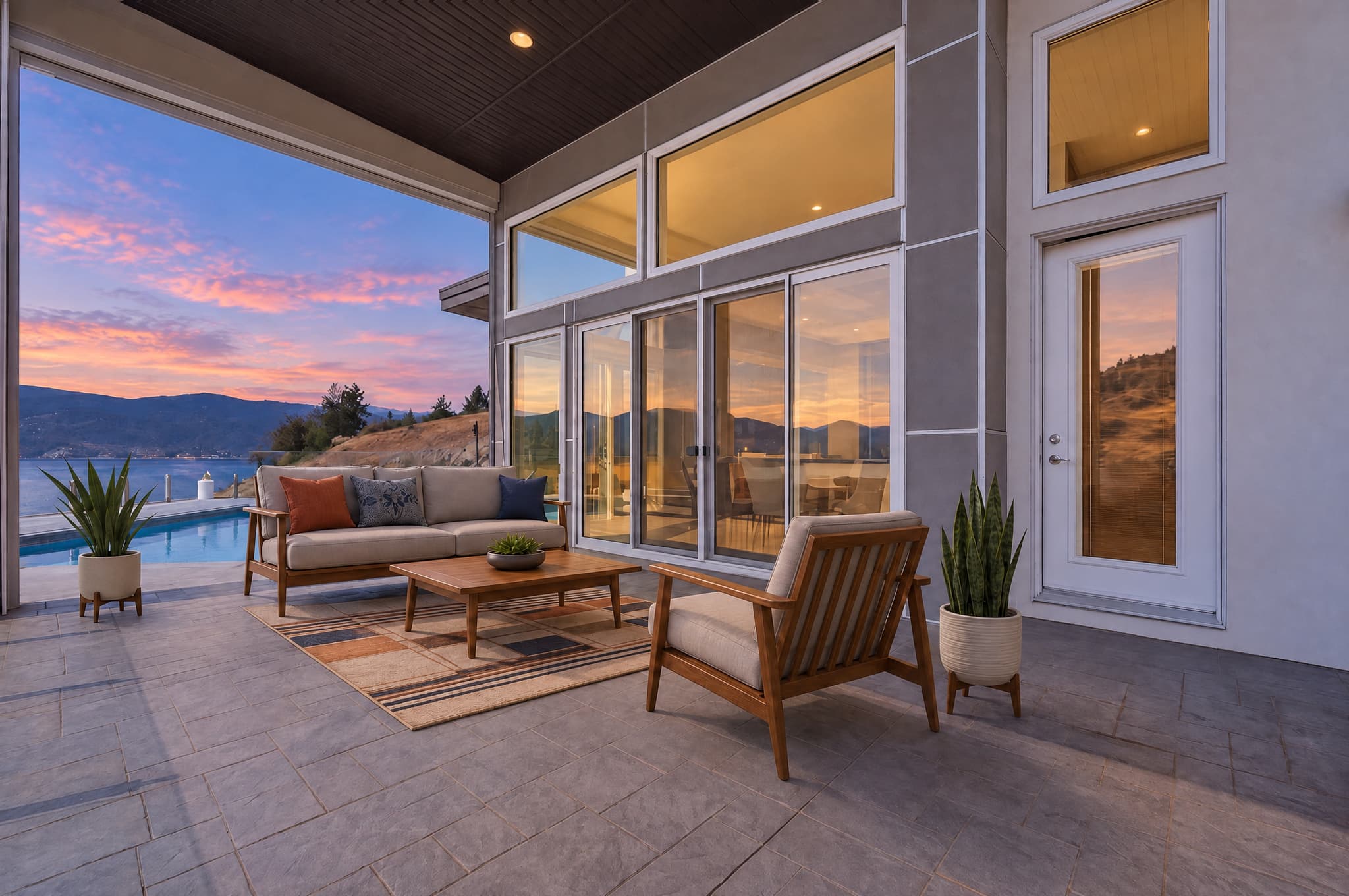 The same furnished patio relit in Soft Dusk