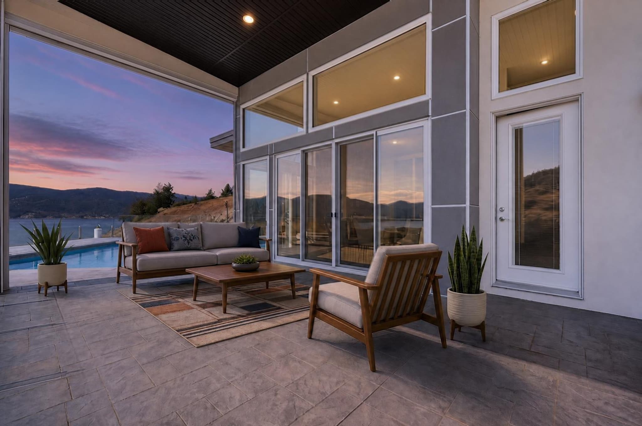 The same furnished patio relit in Quiet Dusk