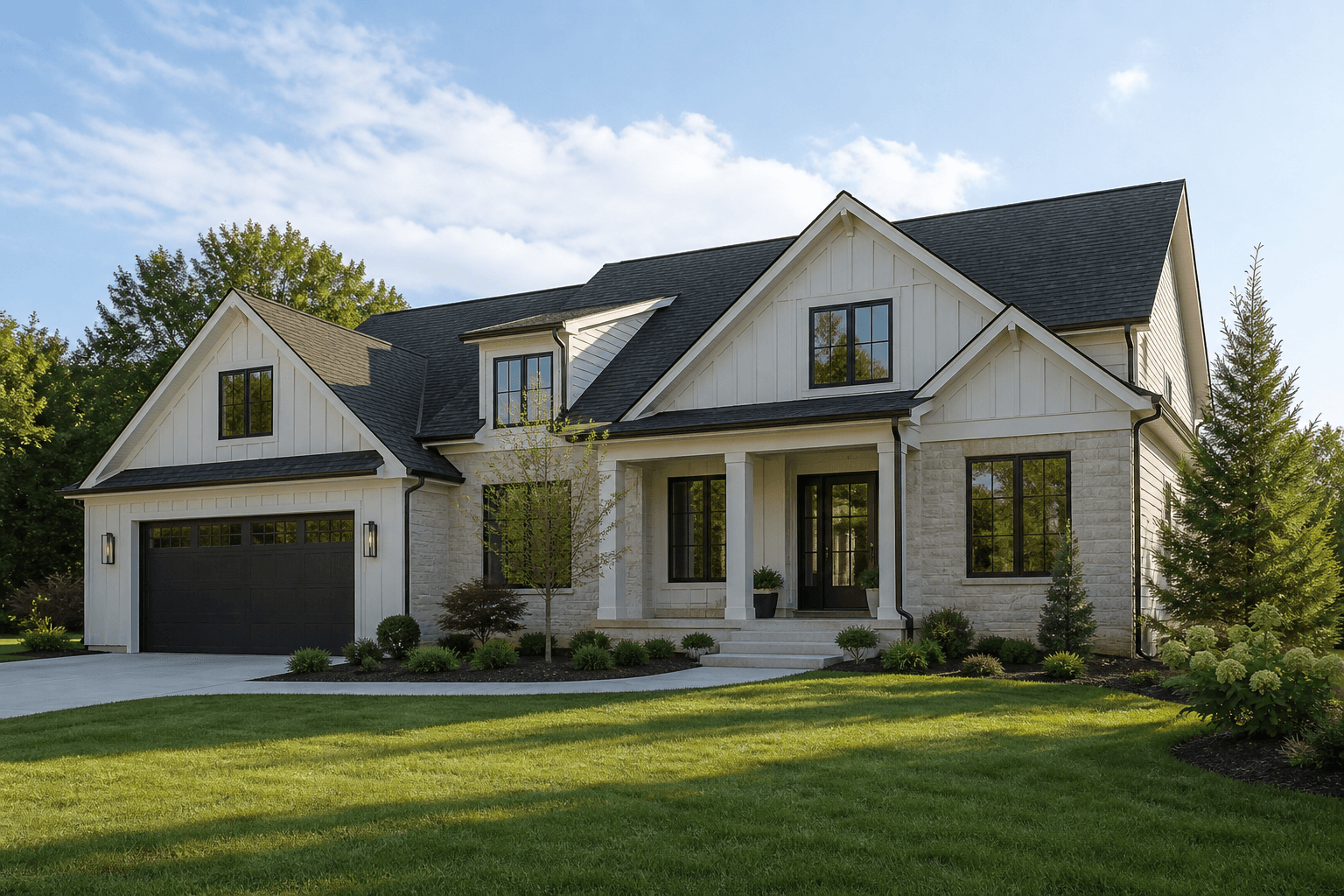 Daylight editorial source photograph of a white detached house