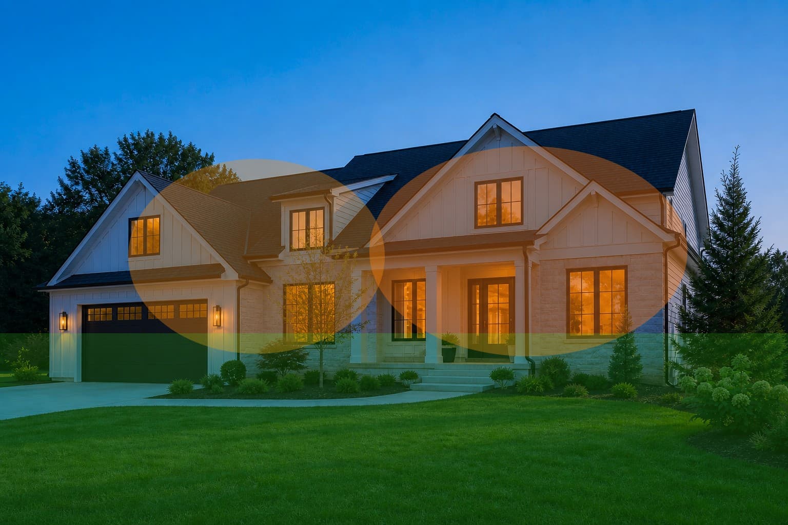 Deliberately exaggerated editorial simulation with orange window glow and unnaturally green lawn
