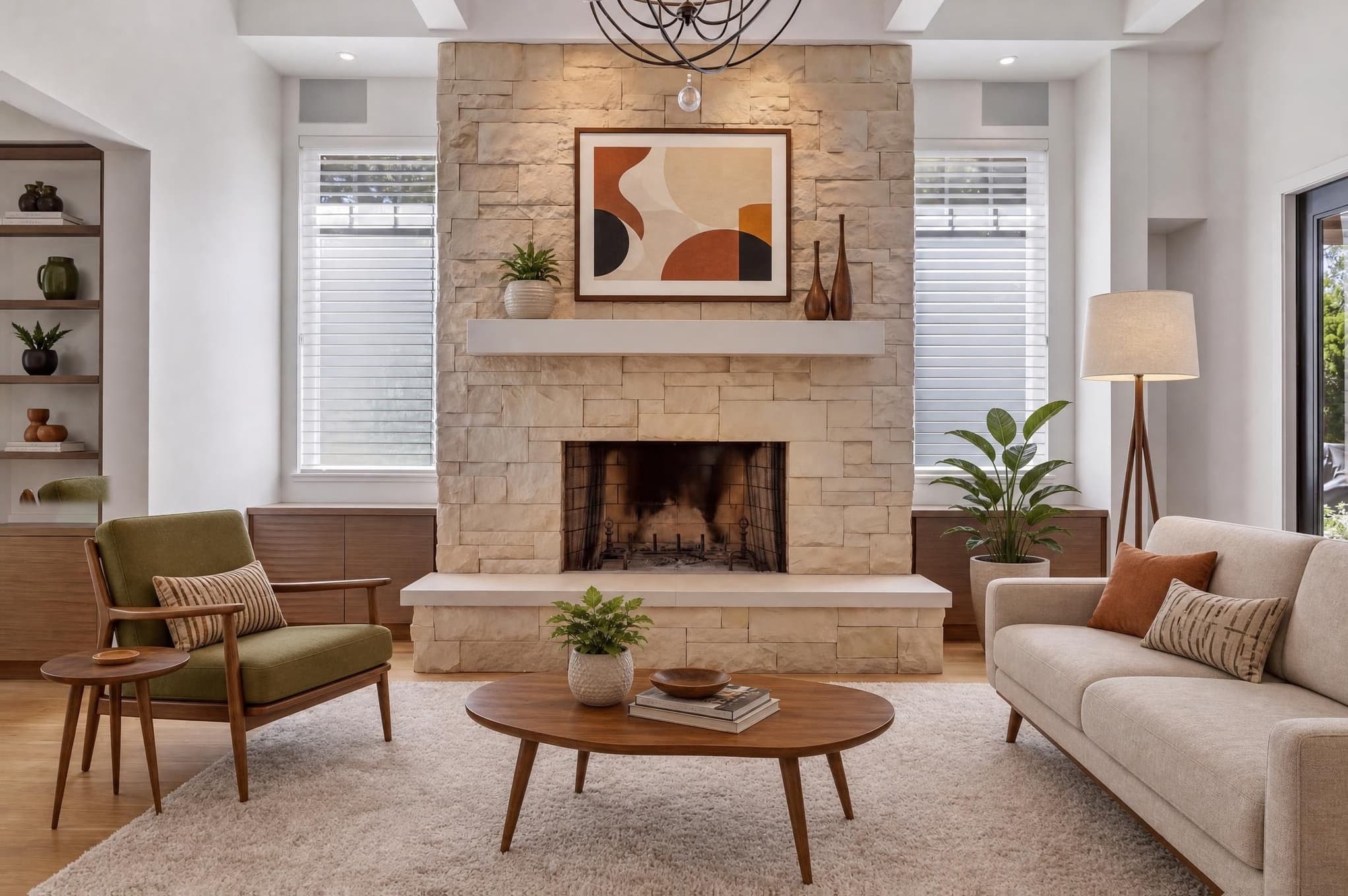 Bright furnished living room with windows, fireplace, neutral walls and mixed practical light